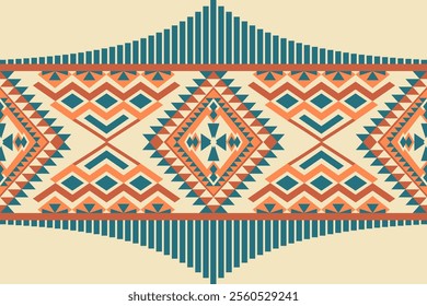 "Geometric Tribal Pattern with Bold Symmetry in Teal, Orange, and Beige Colors"