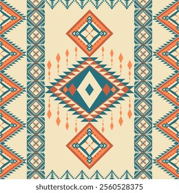 Geometric Tribal Pattern with Diamond Motifs and Southwestern Traditional Design Elements in Bold Colors