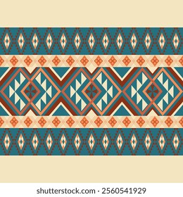 Geometric Tribal Pattern with Diamond Motifs in Orange, Teal, and Cream Symmetrical Striped Design