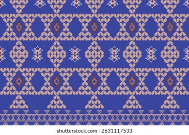 Geometric tribal pattern with diamond shapes in horizontal rows on a blue background.