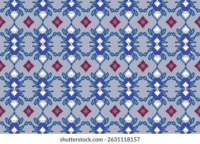 Geometric tribal pattern with diamond shapes in horizontal rows on a gray blue background.