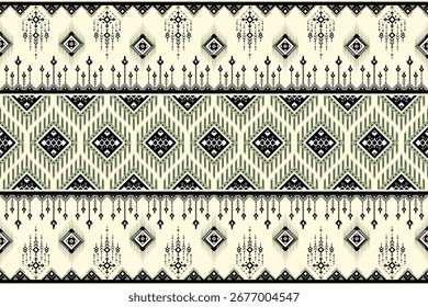 Un patrón tribal geométrico con Formas de diamantes, flechas y detalles lineales en tonos negros, verdes y beige.
