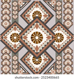 Geometric Tribal Pattern with Earth Tones, Featuring Symmetrical Diamond Shapes and Radiating Sun Motifs
