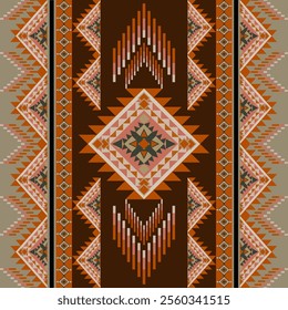 Geometric Tribal Pattern with Earth Tones and Symmetrical Design. Geometric Ethnic pattern, Native American tribal fabric, tile, Carpet, vector, illustration design.