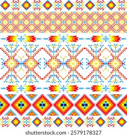 geometric tribal pattern features intricate, symmetrical designs with diamonds, arrows, and zigzags in red, yellow, blue, and orange, creating a vibrant, decorative textile look. Vector ethnic navajo