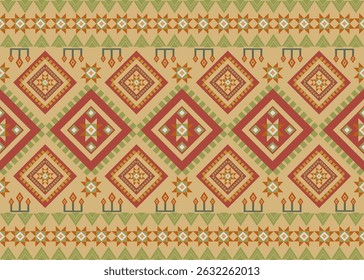 A geometric tribal pattern featuring repeating diamond shapes in earthy olive green and mustard yellow with terracotta accents. The symmetrical layout and soft-toned palette give it a handcrafted.