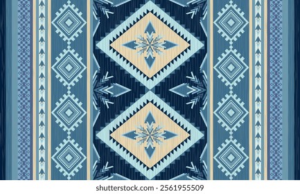 Geometric tribal pattern featuring shades of blue and beige, with diamond shapes, arrow motifs, and symmetrical lines. The design conveys cultural artistry, making it ideal for textiles, wallpapers.