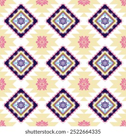 Geometric Tribal Pattern with Floral Accents in Pastel Tones.