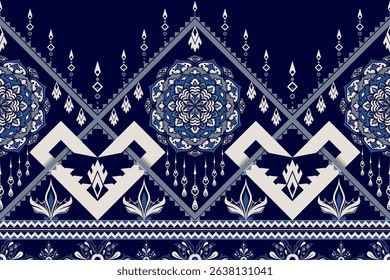 Geometric tribal pattern in Indigo Midnight tones, combining floral mandalas with ethnic motifs. Perfect for textile prints, fashion fabrics, and cultural design projects.