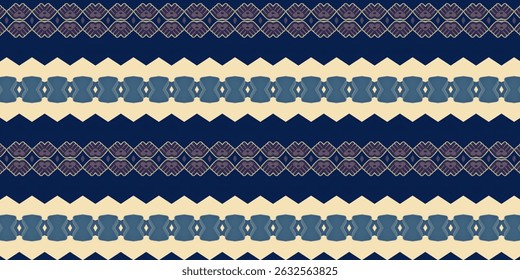 Padrão tribal geométrico com elementos azul-marinho e bege, criando um contraste arrojado.