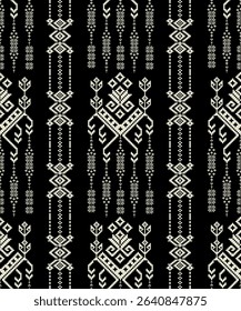 Geometric tribal pattern on a black background.