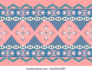 Geometric Tribal Pattern in Pastel Pink, Blue, and Green with Symmetrical Motifs and Triangular Designs
