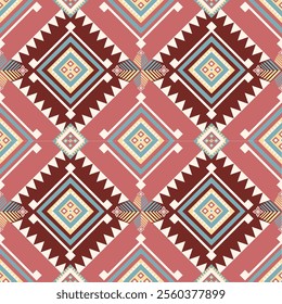 Geometric Tribal Pattern with Pastel Tones, Abstract Ethnic Design in Earthy Colors, Repeating Aztec-Inspired Decorative Pattern, Seamless Native-Inspired Diamond Shape Pattern, Retro Tribal Geometric