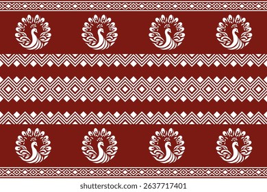 Geometric tribal pattern with peacocks in maroon and white tones. Symmetrical and folk-inspired, reflecting traditional Thai or Lanna art style. Ideal for textile design, wallpapers, cultural decor
