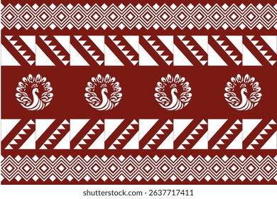 Geometric tribal pattern with peacocks in maroon and white tones. Symmetrical and folk-inspired, reflecting traditional Thai or Lanna art style. Ideal for textile design, wallpapers, cultural decor