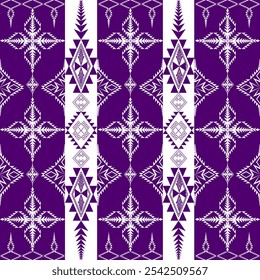 Padrão Tribal Geométrico com Simetria Roxo e Branco e Motivos Diamante em Linhas Verticais