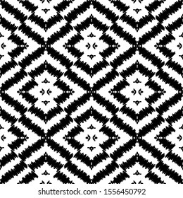 Geometric tribal pattern, seamless fabric print, ikat seamless print, black and white vector illustration.