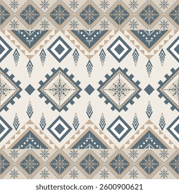 Geometric Tribal Pattern Seamless Vector Design, Beige and Blue Ethnic Pattern Vector Illustration, Fabric Print Design: Seamless Tribal Textile Pattern, Detailed Tribal Motif with Diamond