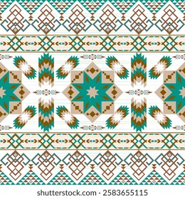 a geometric tribal pattern with symmetrical designs in green, brown, and white. It features diamond shapes, zigzags, and star-like patterns inspired by indigenous art. Vector geometric ethnic Navajo 