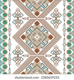 a geometric tribal pattern with symmetrical designs in green, brown, and white. It features diamond shapes, zigzags, and star-like patterns inspired by indigenous art. Native American ethnic Navajo 