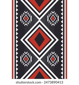 Geometric tribal pattern that perfectly combines red, black, and white tones. Ideal for textiles, digital art, and wallpapers, background,carpet, adding distinctiveness and uniqueness to your designs.