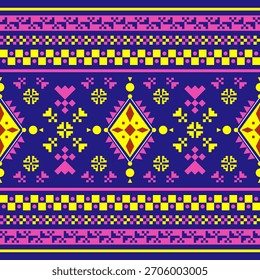 Patrón tribal geométrico en colores de neón vívidos, con motivos repetitivos de diamantes y Elementos rítmicos de borde en rosa, amarillo, azul real diseño sin costuras para textiles, estampados de tela, bordados, seda