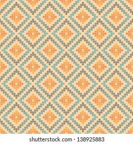 Geometric tribal pixel pattern in green colors. Classic seamless vector background. For fashion textile, cloth, backgrounds.