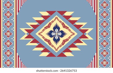 Geometric tribal rug pattern with diamond centerpiece and floral border, ideal for boho home decor, textile printing, and ethnic inspired digital design backgrounds.