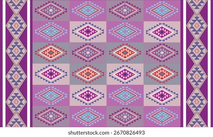 Geometric tribal seamless pattern with diamond shapes in purple, pink, blue, and red tones, perfect for fabric, rug, wallpaper, crafts, and digital designs.