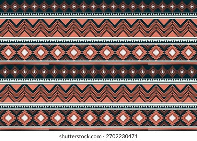 Geometric tribal seamless pattern with ethnic motifs in orange and dark tones for textile design.