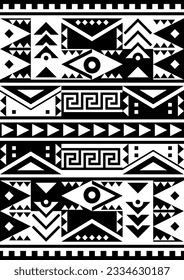 Geometrisches, nahtloses Vektormuster - peruanischer Teppichstil, Aztekett- oder Stoffdruck 2x3 Format in Schwarz-Weiß. Ethnische, sich wiederholende monochrome Konstruktion mit Dreiecken, Schlüsselmuster, Pfeilen i