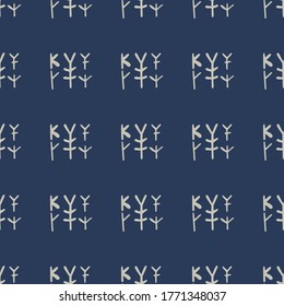 Geometric tribal symbols seamless pattern on blue background. Ancient ethnic endless wallpaper.  Decorative backdrop for fabric design, textile print, wrapping. Doodle style vector illustration.