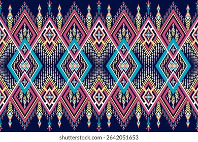 Geometric Tribal Traditional Seamless Ethnic Native Pink Light Blue Yellow on Dark Blue Oriental Aztec Design for background, rug, wallpaper, wrapping, cloth, fabric, textile, decorative, embroidery