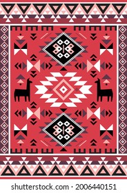 Geometric tribal vector rectangle pattern with lama, abstract shapes styled as Peruvian carpet, Aztec textile or fabric print 2x3 format. Modern repetitive design with in red, yellow and brown - Peru