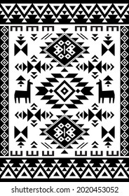 Patrón rectangular vectorial tribal geométrico con formas abstractas lama, en blanco y negro con el estilo de alfombra peruana, imprenta textil o de tela azteca 2x3 
