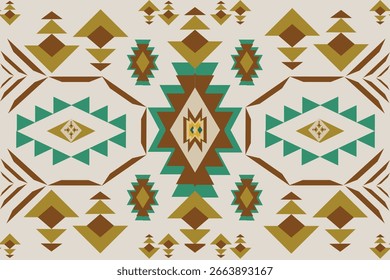 padrão geométrico de inspiração tribal com arranjos simétricos de formas em tons terrosos de marrom, O desenho central consiste em um motivo de diamante rodeado por ziguezague e elementos triangulares,
