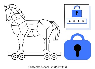 Caballo de Troya geométrico sobre ruedas con entrada de Contraseña y símbolos de bloqueo. Ideal para temas de ciberseguridad, protección digital, seguridad en línea, privacidad de datos y acceso seguro. Estilo de Vector simple