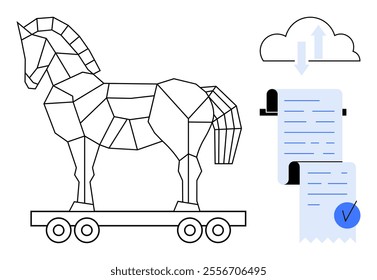 Geometric Trojan horse on wheels and cloud icon with arrows. Blue checkmarked receipt emerges from a machine. Ideal for cybersecurity, cloud storage, data security, file management, software updates