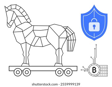 Geometric Trojan horse on wheels, blue security shield with lock, and Bitcoin symbol with circuit lines. Ideal for cybersecurity, digital currency, online protection, blockchain, and tech security