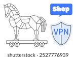 Geometric Trojan Horse outline next to a shield with VPN text and speech bubble saying Shop. Ideal for cybersecurity, online shopping, computer safety, cyber threats, data privacy awareness