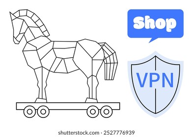 Geometric Trojan Horse outline ao lado de um escudo com texto VPN e balão de fala dizendo Shop. Ideal para segurança cibernética, compras on-line, segurança de computadores, ameaças cibernéticas, consciência sobre privacidade de dados