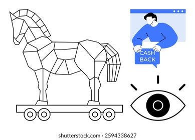 Geometric Trojan horse with a person holding a Cash Back sign and a large eye icon. Ideal for cybersecurity threats, online fraud, internet safety, data protection, phishing alerts. Minimalist vector