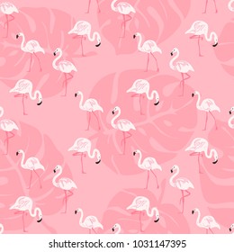 Geometric tropical print. Seamless vector pattern with pink flamingos and flowers. Trendy textile design for shirts, dresses, bags and carpets. Hawaiian collection. On colorful background.