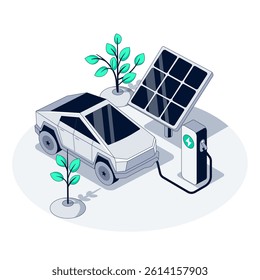 Geometric Truck is powered by a Solar Panel. Eco Charging Car. Solar-Powered Electric Pickup in Action. Isometric vector illustration