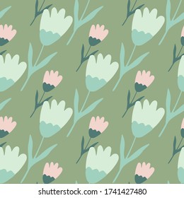 Geometric tulip seamless pattern on green background. Abstract floral backdrop. Summer flower wallpaper. Design for fabric, textile print, wrapping paper, cover. Vintage vector illustration
