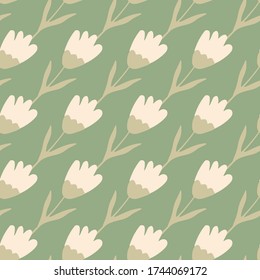 Geometric tulip seamless pattern on green background. Floral backdrop. Spring flower wallpaper. Design for fabric, textile print, wrapping paper, cover. Modern vector illustration