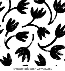 Geometric tulips seamless pattern. Brush drawn naive style flowers ornament. Vector ink illustration. Trendy hand drawn texture. Modern abstract botanical design. Grunge style drawing. 