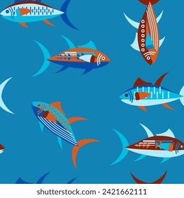 A geometric tuna pattern in blue and reddish colours.