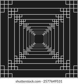 Geometric tunnel illustration. Abstract perspective grid. Black white symmetry. Endless square pattern.