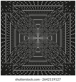 Geometric tunnel shape. Deep square illusion. Black perspective vector. Abstract visual depth.